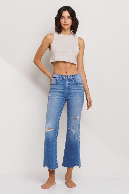 High Rise Cropped Flare Jeans with Raw Hem